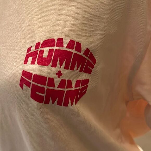 Homme + Femme Unisex S Retro Ringer Graphic Logo Tee Shirt White Red 100% Cotton - Picture 2 of 9